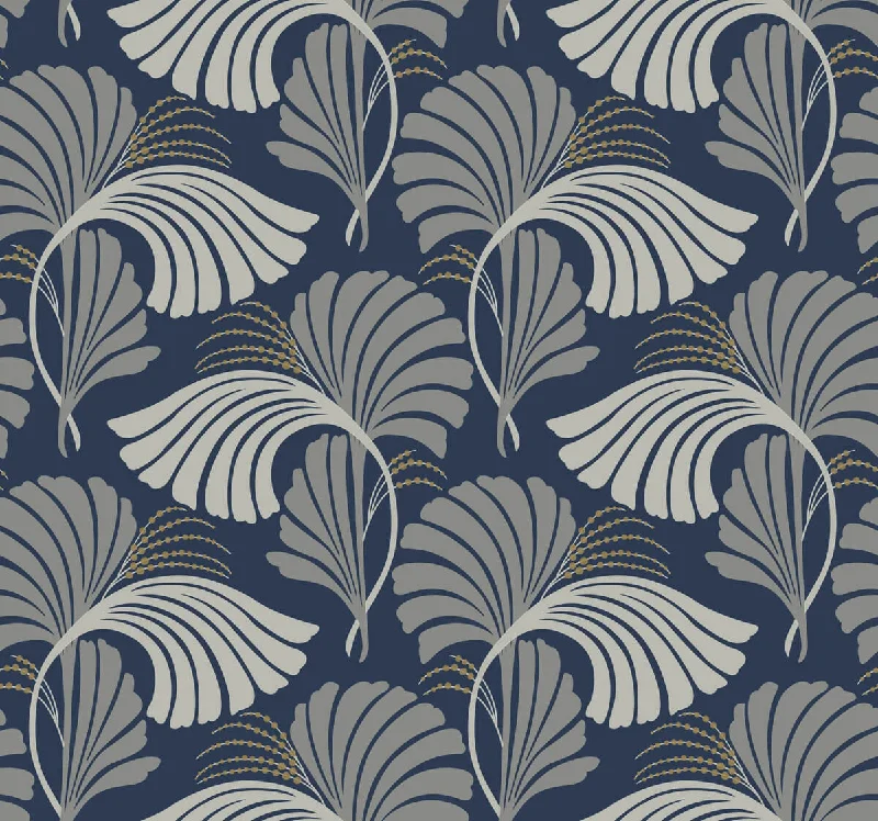 Dancing Leaves Navy Wallpaper