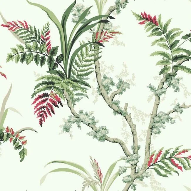 Enchanted Fern Wallpaper in Green and Red from the Grandmillennial Collection