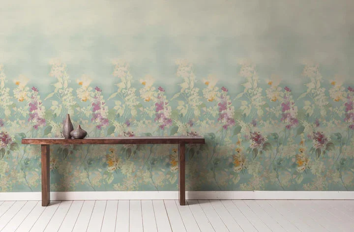 Hollyhocks Turquoise Wall Mural from the Romance Collection