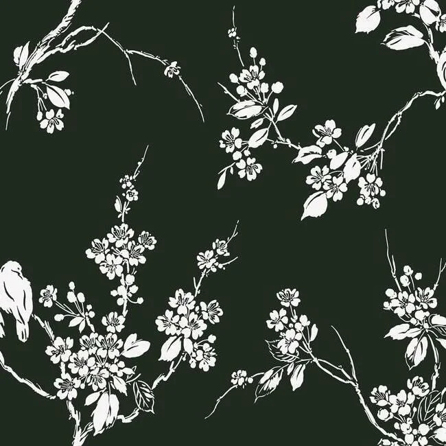 Imperial Blossoms Branch Wallpaper in Black and White from the Silhouettes Collection