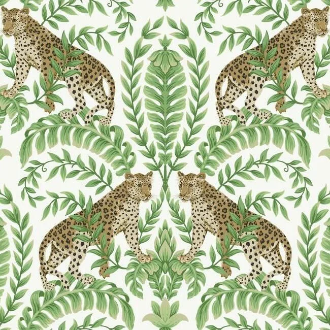 Jungle Leopard Wallpaper in White and Green from the 24 Karat Collection