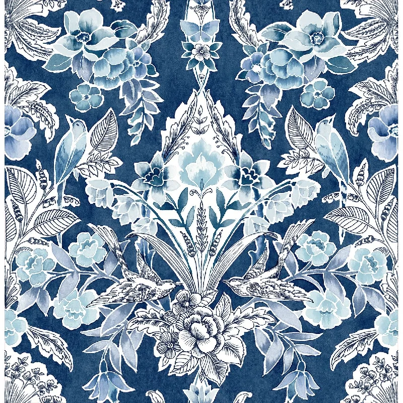 Vera Floral Damask Wallpaper in Blue from the Bluebell Collection