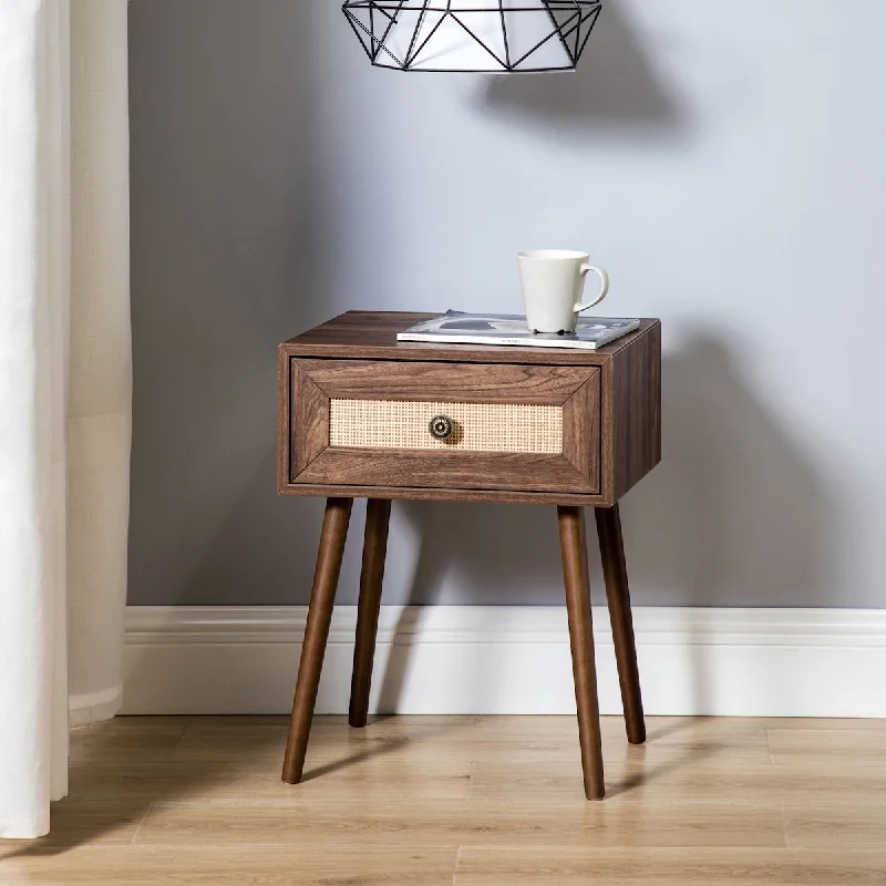 17.7" W Classic Style 1-Drawer Nightstand with Special Rattan and Exquisite Metal Hardware Decorated for Living Room, Bedroom