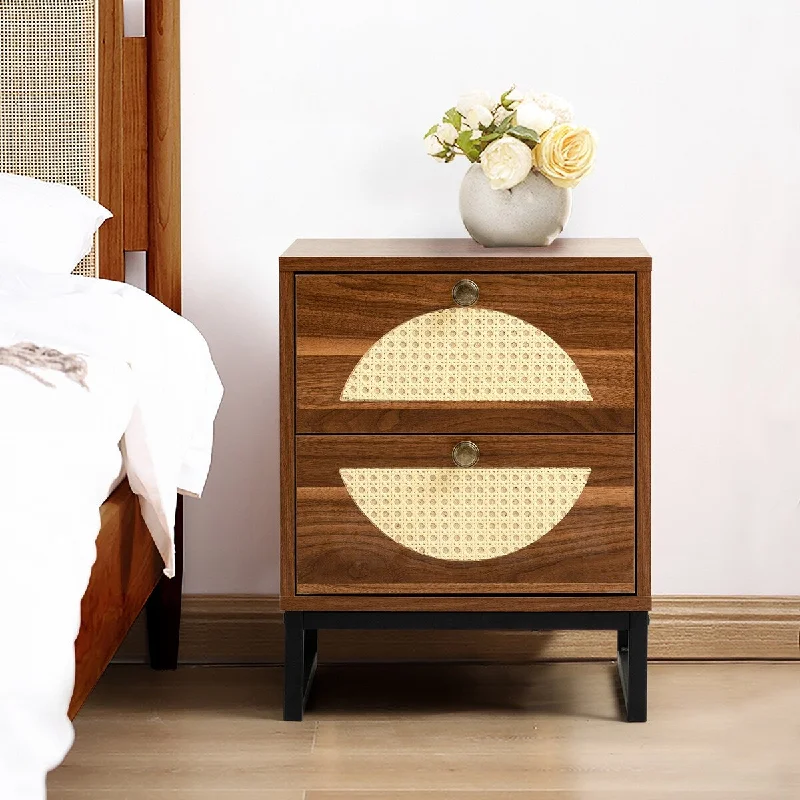 20''H Leucosia Dual Rattan Woven Semicircles 2-Drawer Nightstand with Metal Base, Dual Half Moon Side End Table for Bedroom