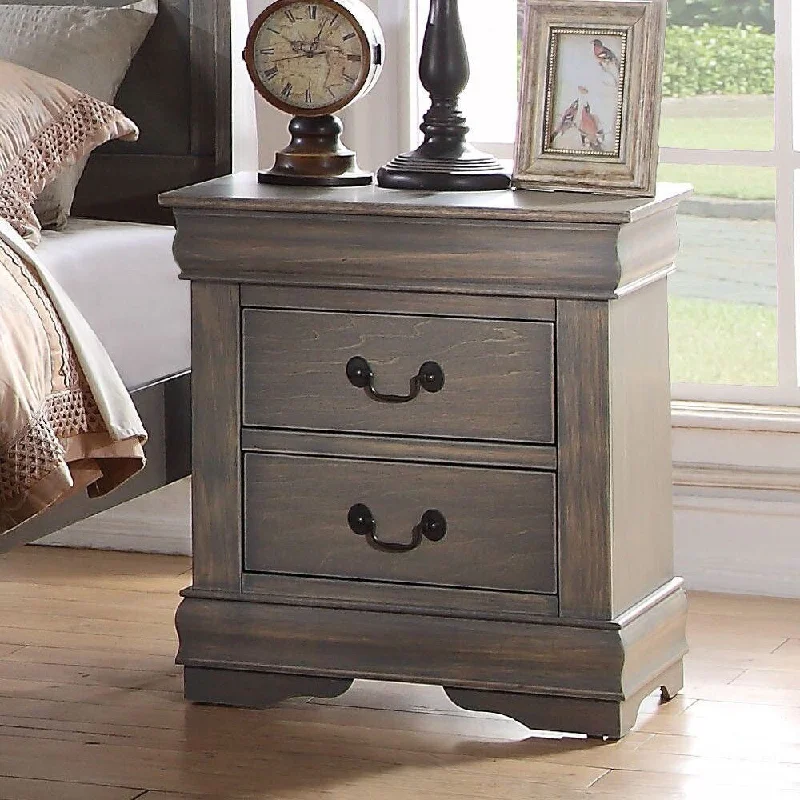 21" Antique Wood Finish 2 Drawers Nightstand with Crown Molding Detail and Nickel Metal Hardware for Bedroom