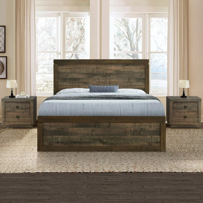 3-Piece Full Size Farmhouse Platform Bed Set - Includes Bed and 2 Nightstands, Rustic Brown