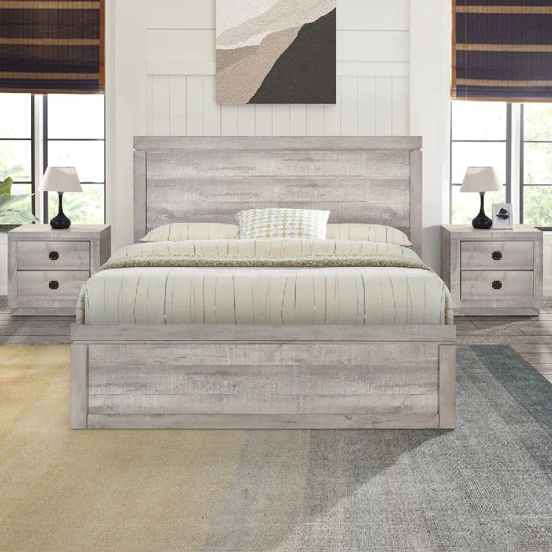 3-Piece King Size Farmhouse Platform Bed Set - Includes Bed and 2 Nightstands, Rustic White