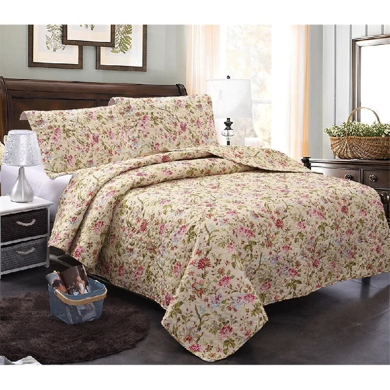 3 Piece Printed Reversible Bedding Quilt Set- Quilt And 2 Shams, Soft & Lightweight Full/Queen,King