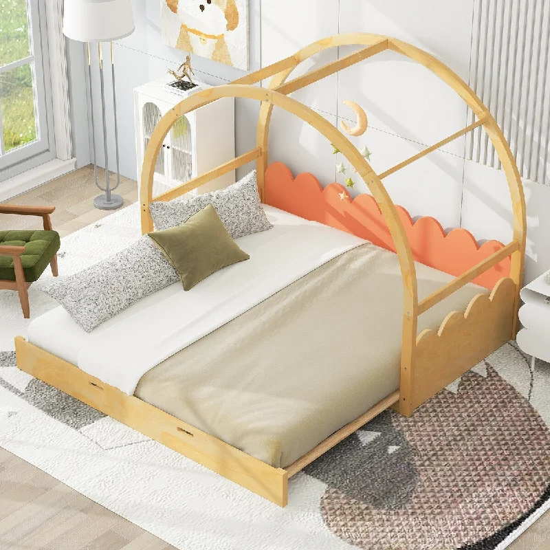 Arch Design House Bed Twin Size Bed Frame Half Dome and Wavy Safety Guardrail, Stretchable Trundle (Twin to King) - Natural