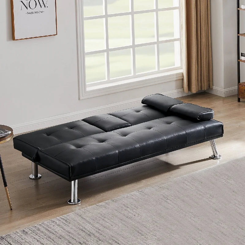 Black Faux Leather Loveseat Sofa Bed With Cup Holders , Convertible Folding Sleeper Couch Bed . - 31.50 x 65.75 x 29.53