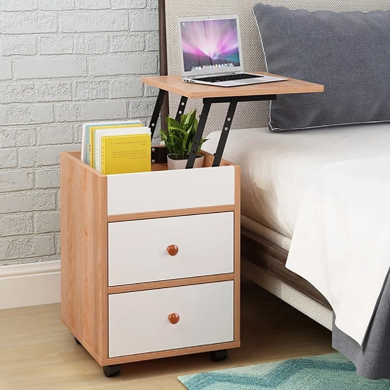 BOSCARE Nightstand w/Lifting Top Bedside Desk Height Adjustable Laptop Table 2 Drawer Storage Cabinet