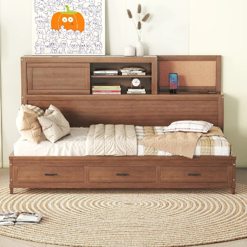 Brown Wooden Daybed Twin Size Platform Bed Wood Slat Support with 3 Drawers & Storage Shelf & Sockets, No Box Spring Needed