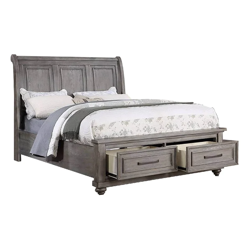 Demi King Size Bed, Sleigh Headboard, 2 Storage Drawers, Oak Gray Wood