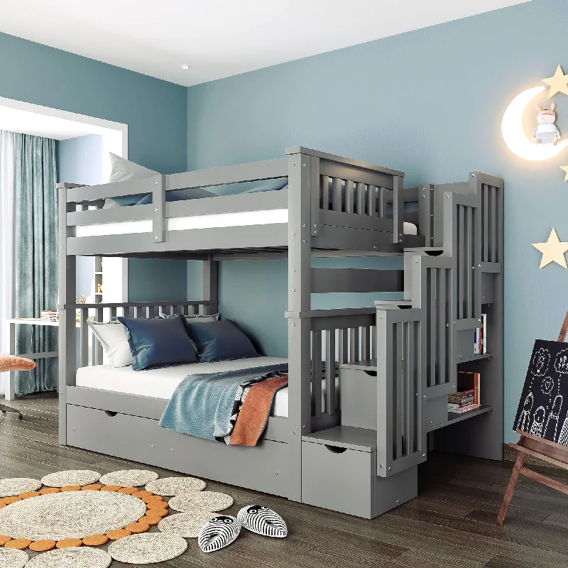 Full Over Full Bunk Bed with Shelves&6 Drawers&Storage Steps&Guardrail, Grey