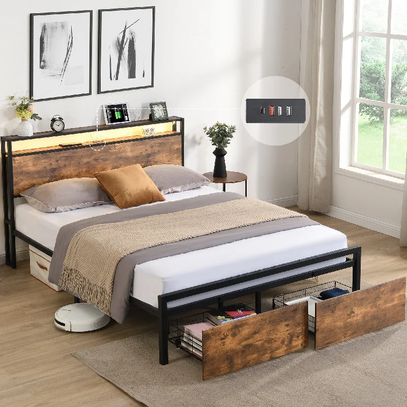 Full Size Bed Frame with LED Headboard/ 2 Storage Drawers/ Charging Station, Rustic Metal Platform Bed No Box Spring Needed