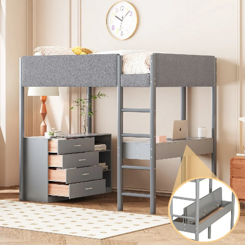 Full Size Grey Teddy Fleece Upholstered Loft Bed Wooden Rounded Legs Loft Bed Frame with Storage Shelf, Drawers and Desk