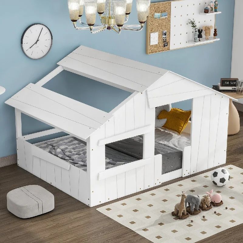 Full Size House Bed White Kids House Bed Frame with Line Decoration Bedboard, Wood Slat Support House Shaped Grounded Bed