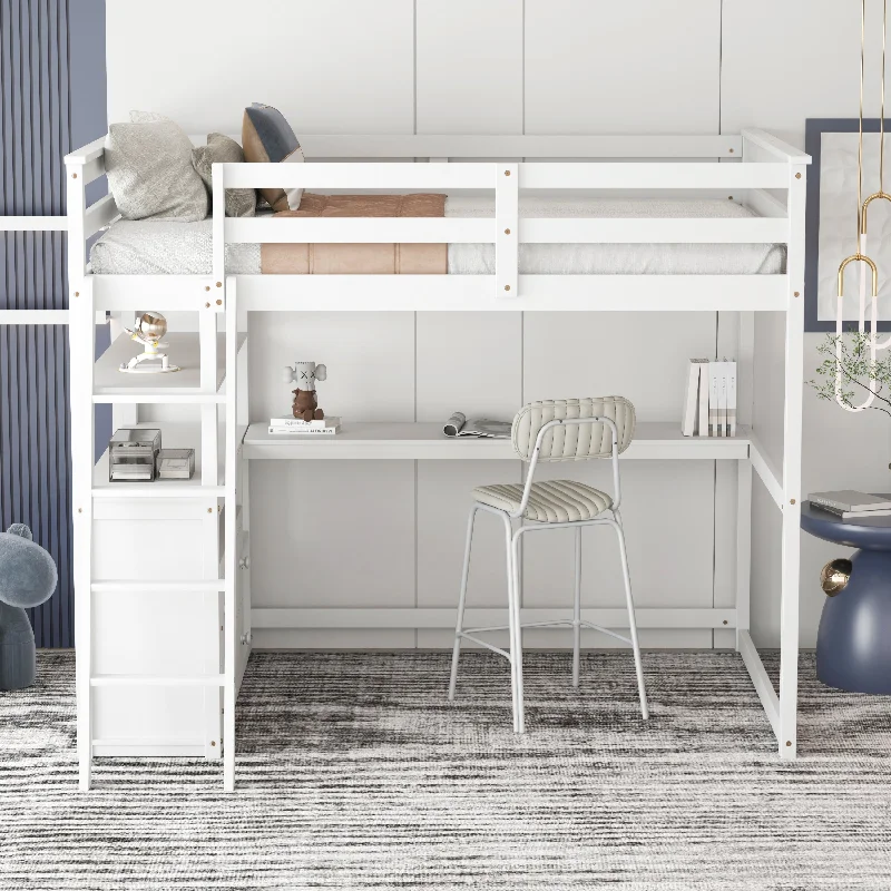 Full Size Loft Bed with Desk, Shelves and Built-in Drawers