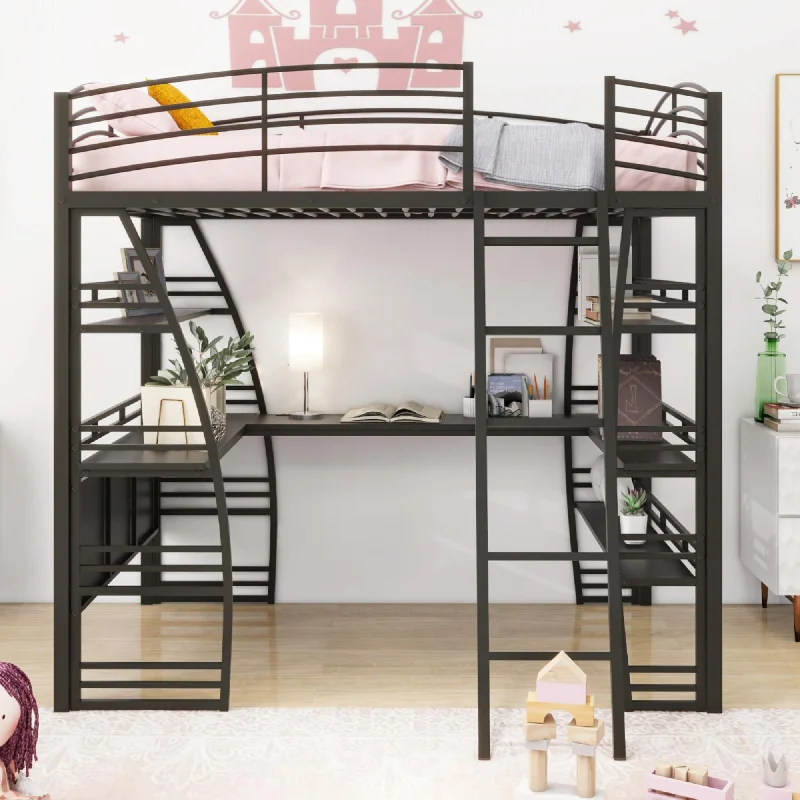 Full Size Metal Loft Bed with Shelves & Desk, Power Outlet, Black