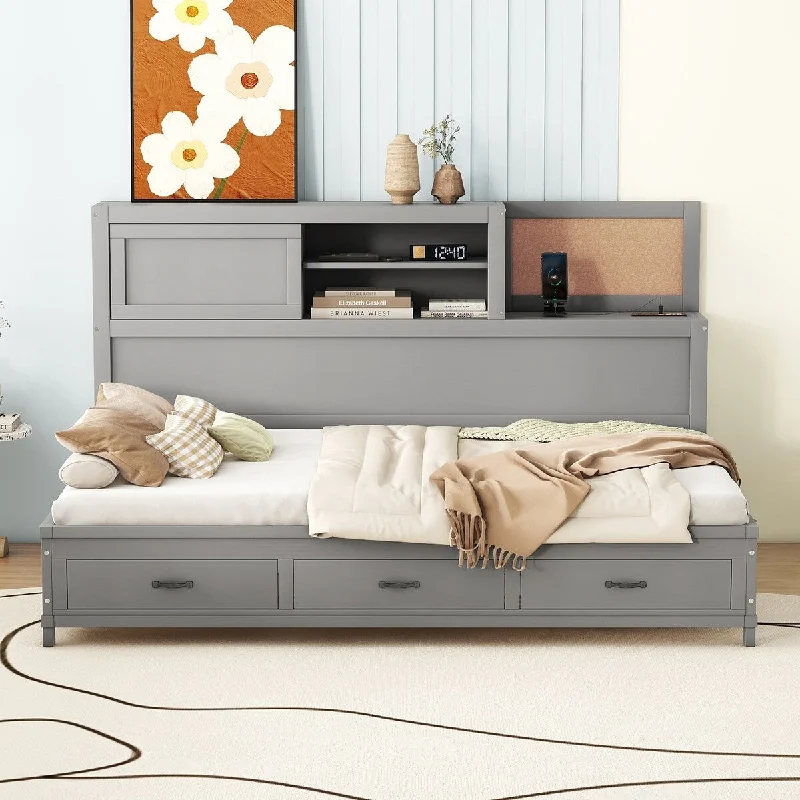 Full Size Platform Daybed Frame Storage Bed Relaxation Daybed Multifunctional Daybed with Center Legs & Slat Support - Grey