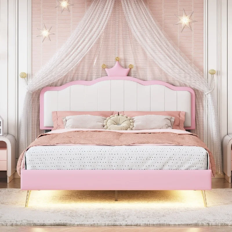 Full Size White & Pink Lovely Princess Bed Cool Fairytale Theme Bed with Crown, Metal Leg, Light Strips, Headboard, Footboard