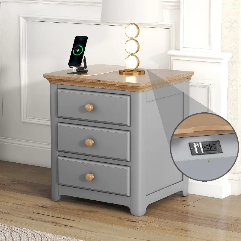 Gray Wooden Nightstand with Three Drawers and USB Charging Ports for Bedroom