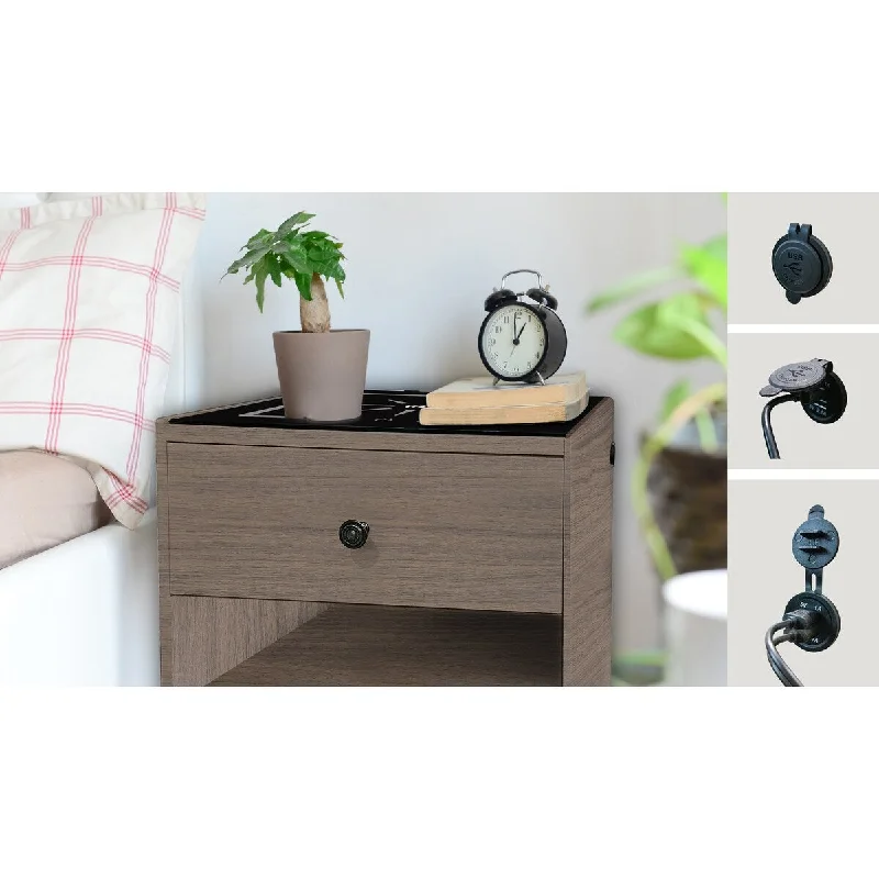 Grey MDF Nightstand with Wireless Charging Station with One Drawer and One Open Way Shelf for Bedroom