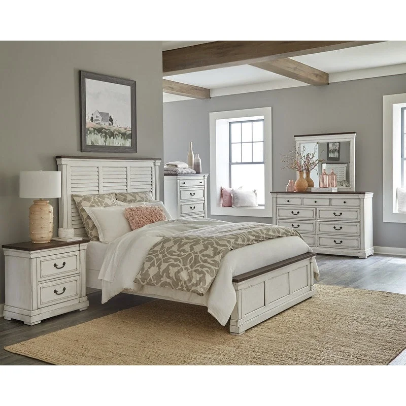 Hillcrest Panel Bedroom Set Distressed White and Dark Rum