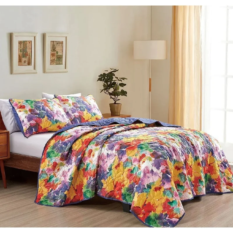 King Size - 3 Piece Floral Abstract Purple Yellow Reversible Quilt Coverlet Bedspread Bedding Set