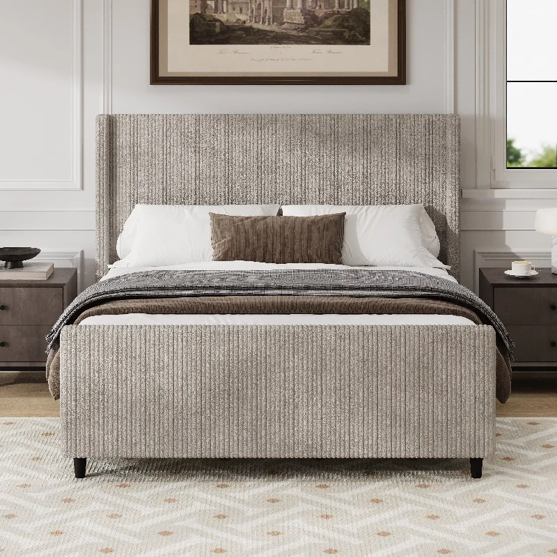 King Size Corduroy Upholstered Bed Frame with Vertical Stripe Wingback - Taupe Finish