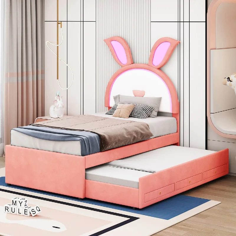 LED Rabbit Twin Kids Bed Velvet Upholstered Platform Bed Fairytale Animals Theme Bed with Trundle & 3 Drawers, 12pcs+12pcs Slats