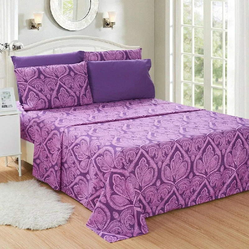 Luxury 6 Piece Bed Sheet Set 1800 Count Paisley Queen Purple