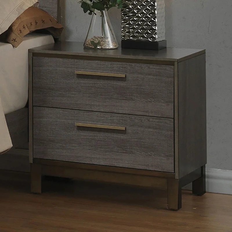 Modern Bedroom Nightstand with Two Tone Antique Gray Design and Metal Glides Center for Bedroom