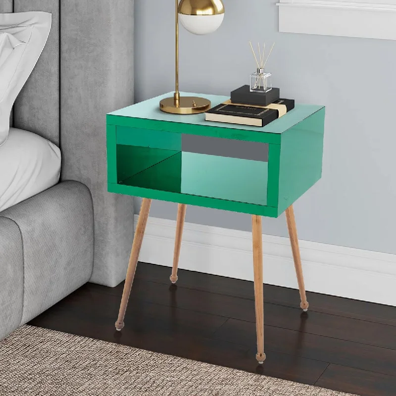 Modern Design Mirror Coffee Table Mirror, Bedside Table Rose Gold Stainless Steel Acrylic Fiber Round Wooden Legs (Green )