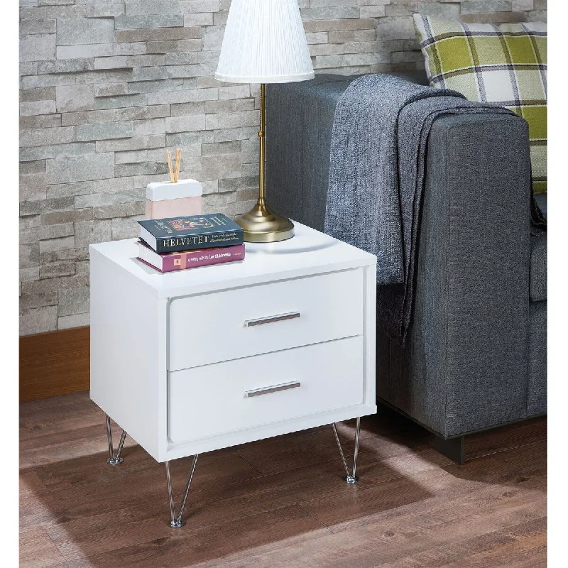 Modern Style Rectangular Bedside Table MDF, Locker With 2 Drawers and V-shaped Metal Legs For Bedroom, Living Room Dresser