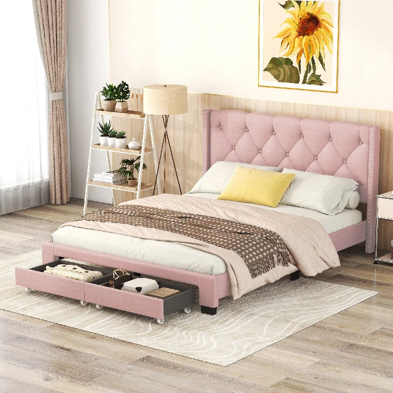 Pink Upholstered Platform Bed Frame Queen Size Storage Bed w/ Drawers