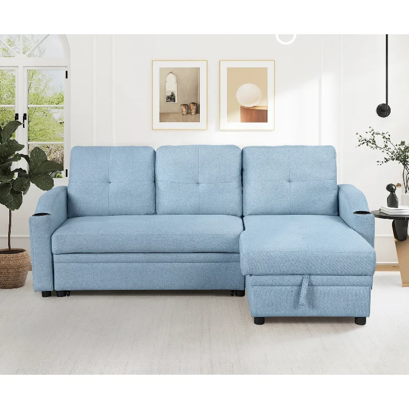 Pull Out Sofa Bed Upholstered Sleeper Sofa, Linen Fabric 3 Seater Couch with Storage Chaise & Cup Holder for Small Spaces