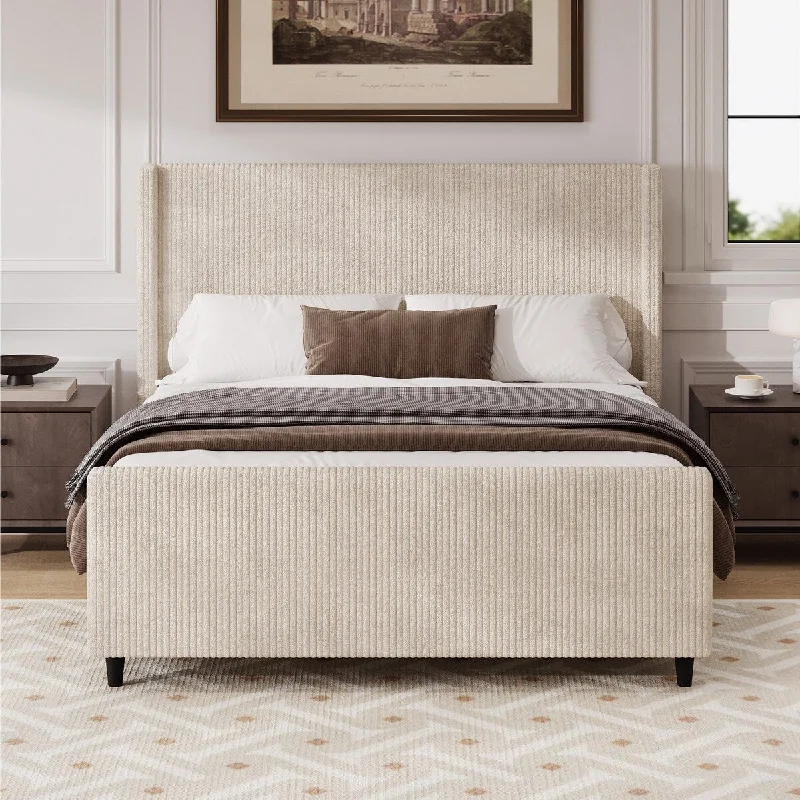 Queen Size Corduroy Upholstered Bed Frame with Vertical Stripe Wingback - Cream Finish