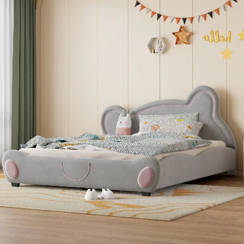 Queen Size Kids Upholstered Bed Bear-Shaped Bed Frame, Grey