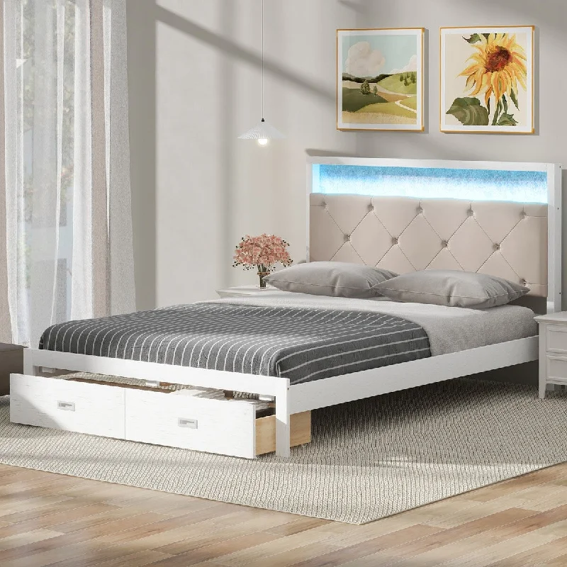 Queen Size Platform Bed with Upholstered Headboard, LED & 2 Drawers - Antique White