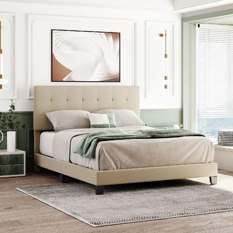 Queen Size Tufted Beige Linen Upholstered Platform Bed