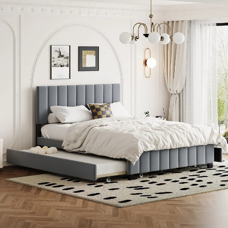 Queen Size Velvet Upholstered Platform Bed with Drawers and Twin XL Trundle - Gray Finish