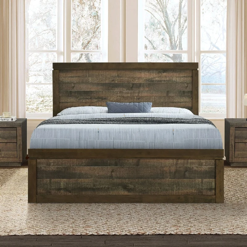 Queen Size Vintage Farmhouse Platform Bed - 10 Wood Slats, Rustic Brown, No Box Spring Needed