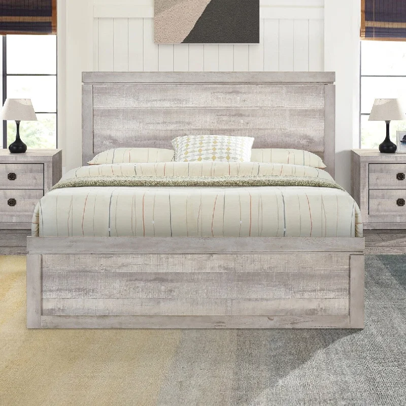 Queen Size Vintage Farmhouse Platform Bed - 10 Wood Slats, Rustic White, No Box Spring Needed