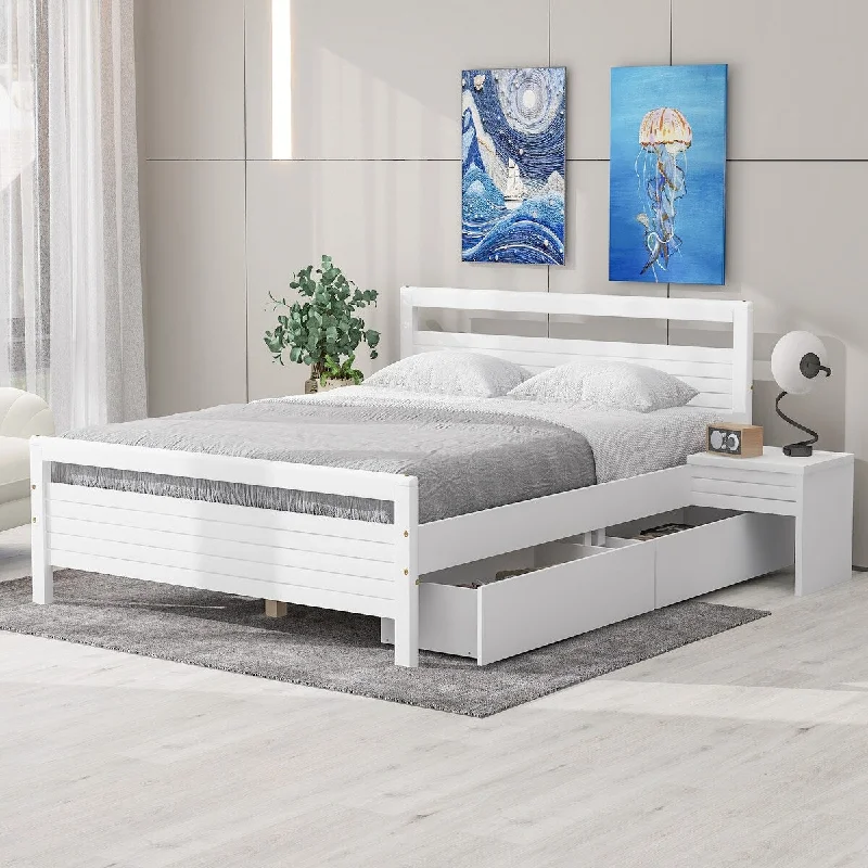 Queen Size Wooden Platform Bed with 2 Storage Drawers and Bedside Tables - White Finish