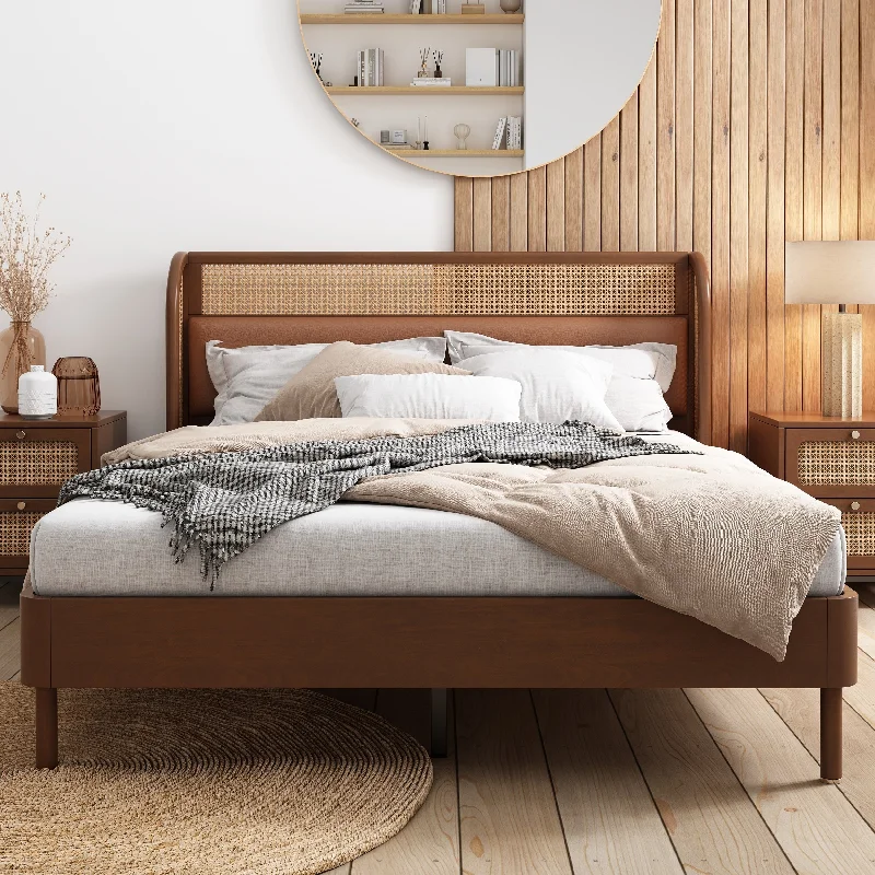 Rattan Wood Platform Queen Bed