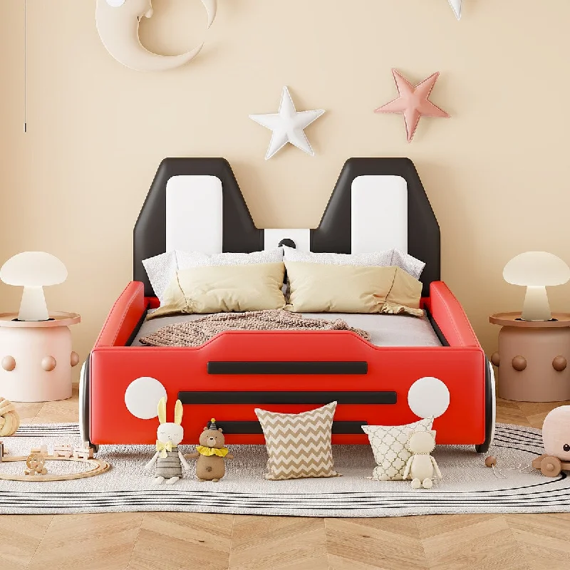 Red Race Car-Shaped Platform Bed Twin Size Bed Frame Stylish Kids Bed Anti-collision PU Leather Upholstered w/ Wood Slat Support