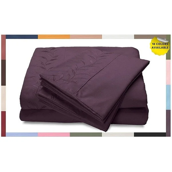 Reversifi Embroidered Bed Sheets Set Soft Brushed Microfiber King, Hortensia/ Purple