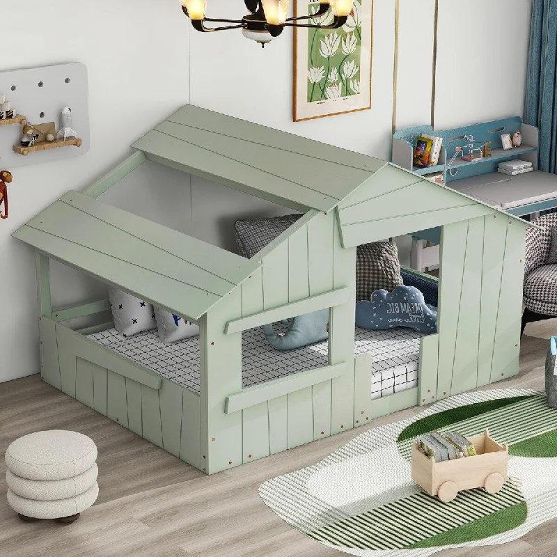 Rustic House Bed Light Green Wood House Bed Semi-Enclosed House Bed with Roof and Skylight & Windows, No Box Spring Needed