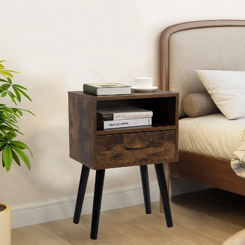 Set of 2 Mid Century Nightstands, Rustic Brown Side Table with Drawer and Shelf, End Table for Living Room or Bedroom